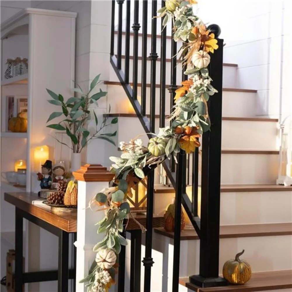 Fall Garland for Mantle, 6ft Lambs Ear Leaves Garland with Lights